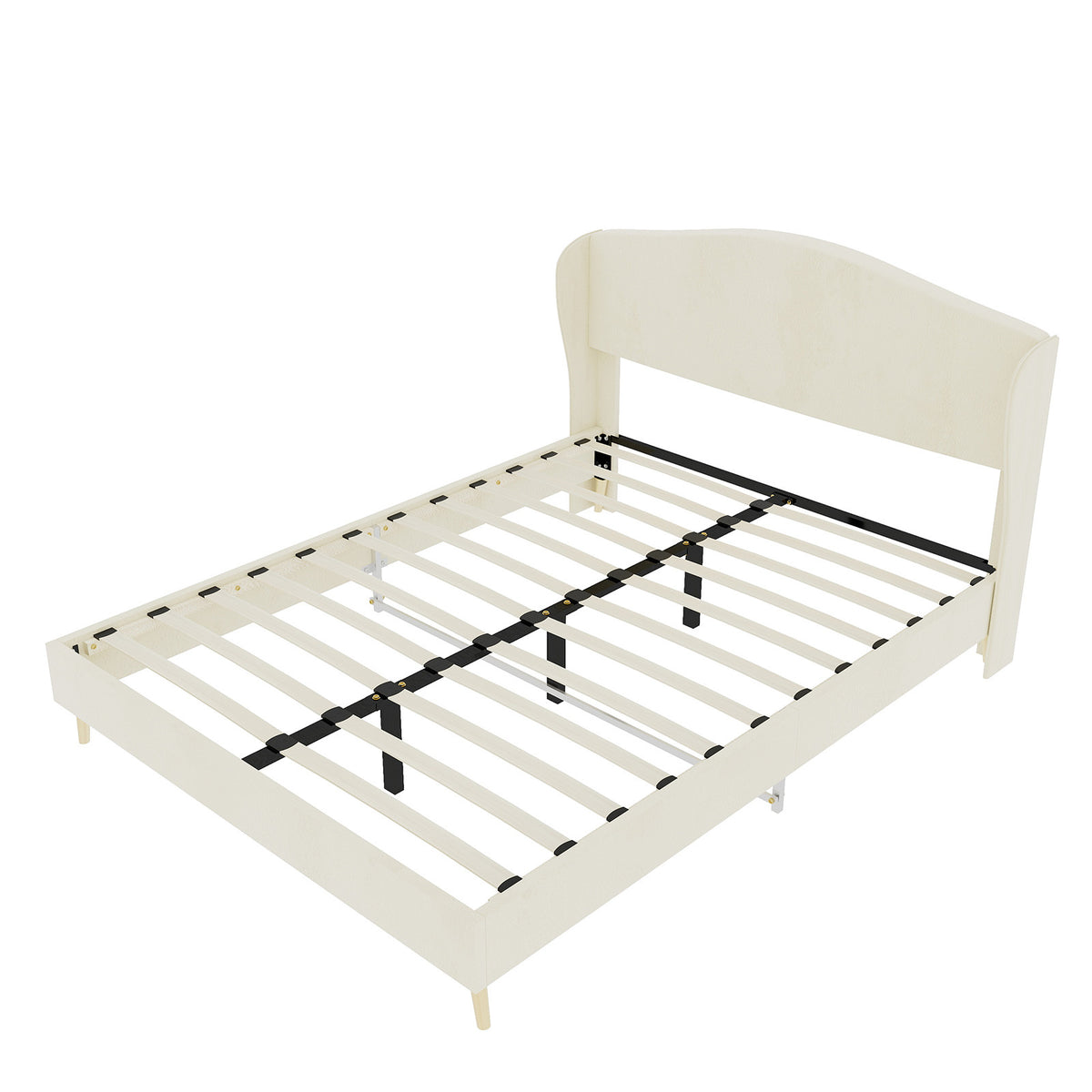 Upholstered Full Bed Frame in Beige Velvet, Wingback Headboard
