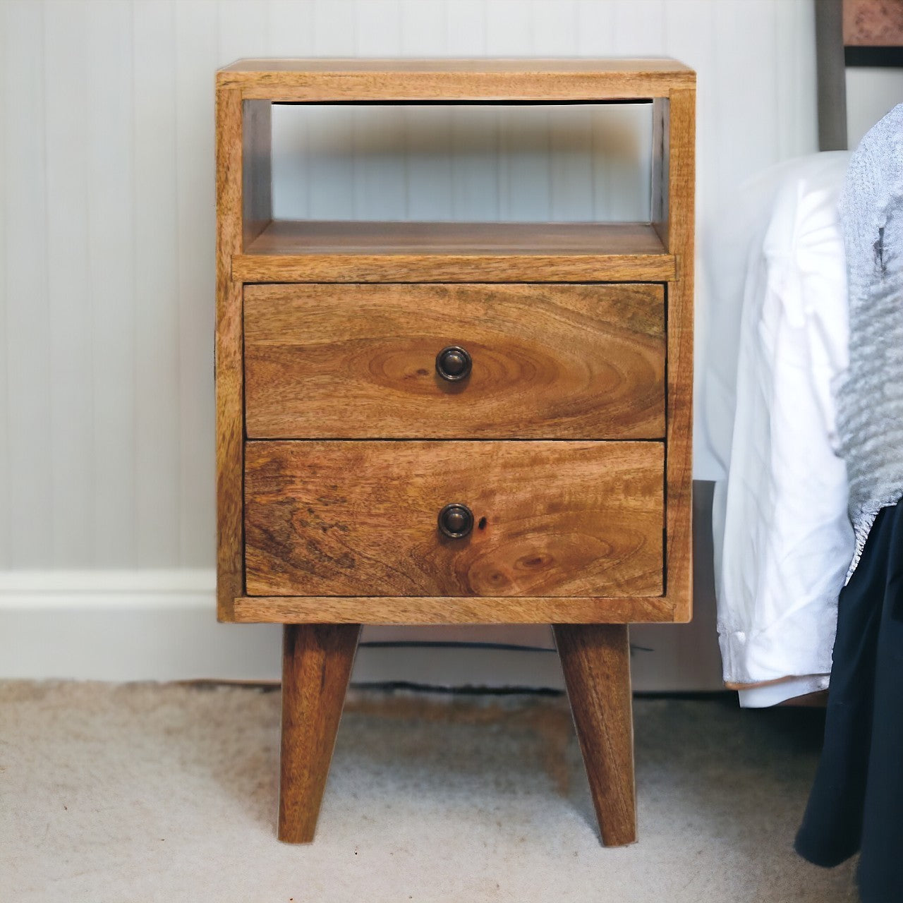 Nightstand with 2 Drawers and Open Shelf, Mango Wood, Oak Finish