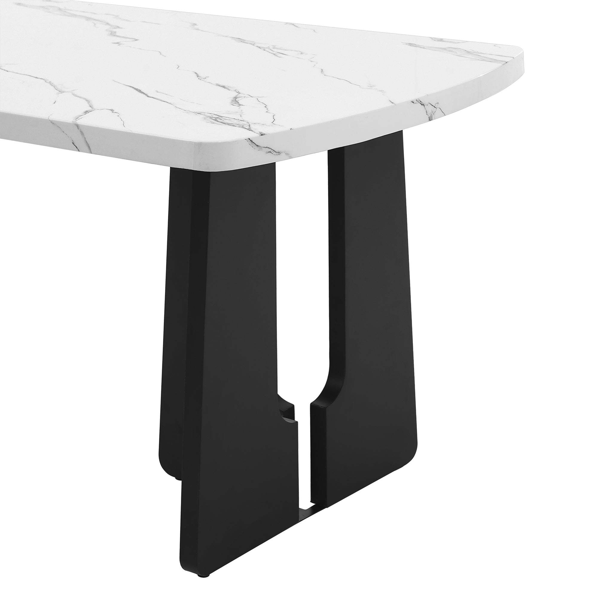 End view of the faux marble dining table showing the hollow-cut black pedestal leg, white background