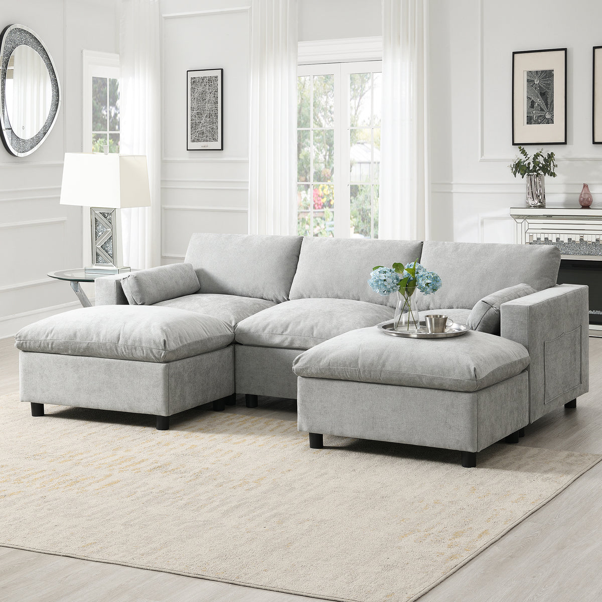 Gray Chenille U-Shaped Modular Sectional with 2 Ottomans, 84.5 in Wide