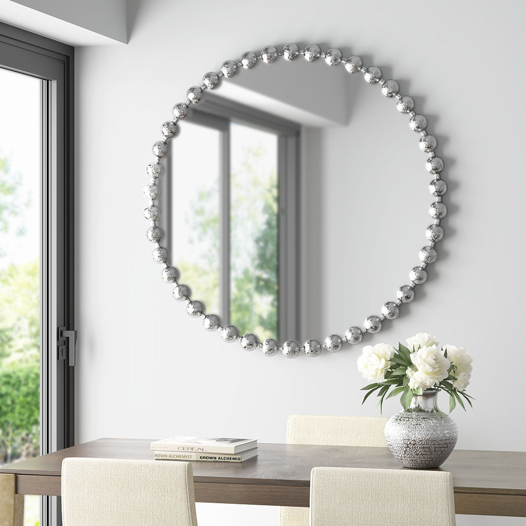 Beaded Round Mirror, 36 Inch Silver
