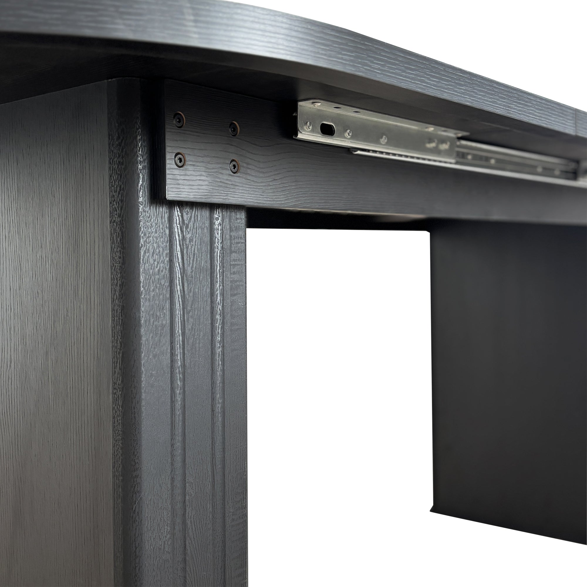 Close-up of the metal telescoping slide rail and mounting screws under the tabletop
