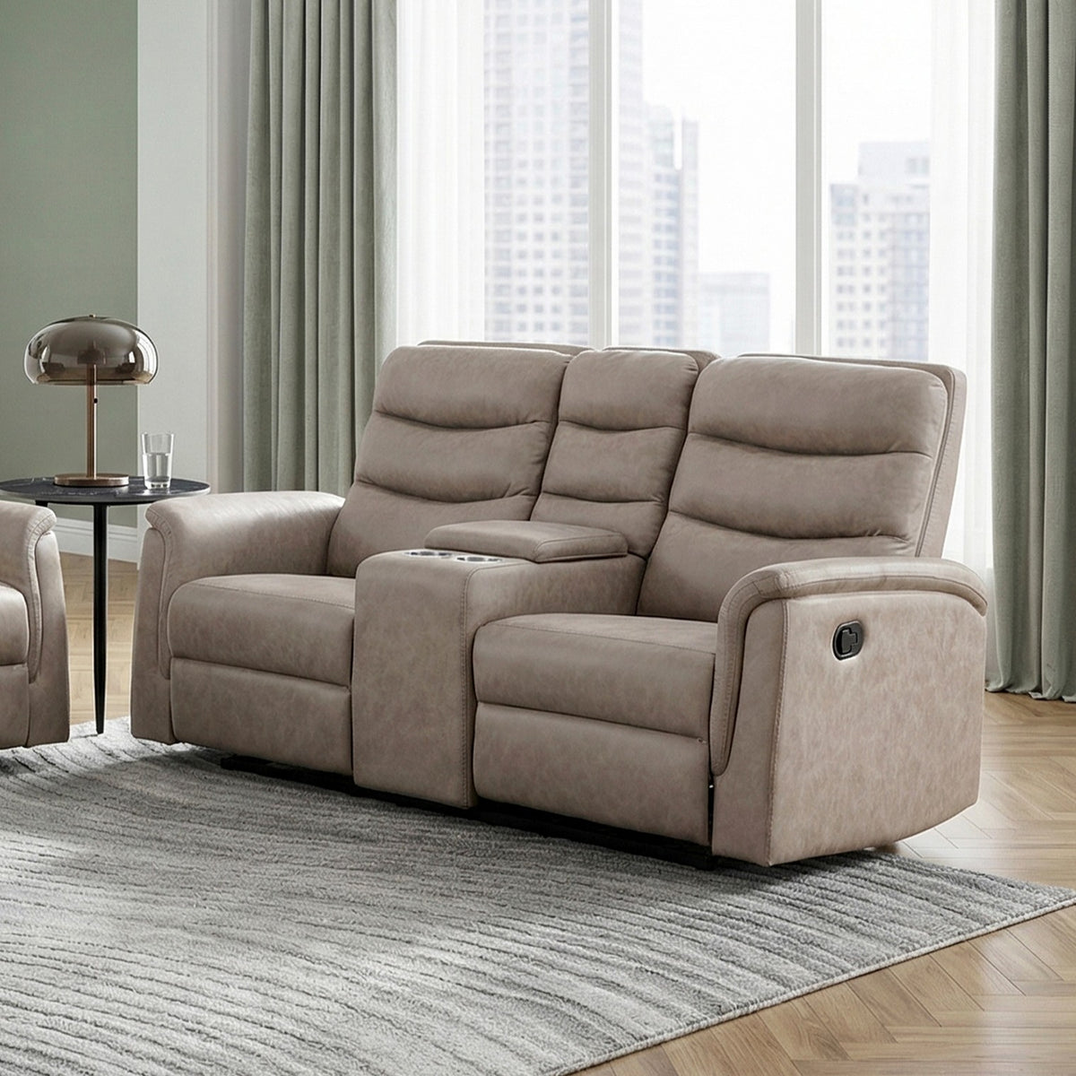 Taupe Microfiber Reclining Loveseat with Console, 73 in Wide
