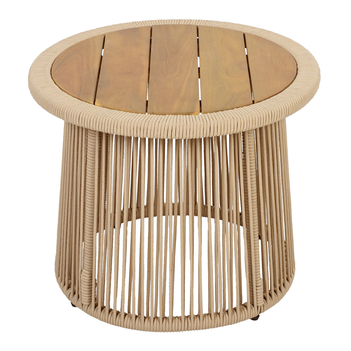 Round Outdoor Side Table, Teak Finish Wood Top, Light Beige Rope Frame