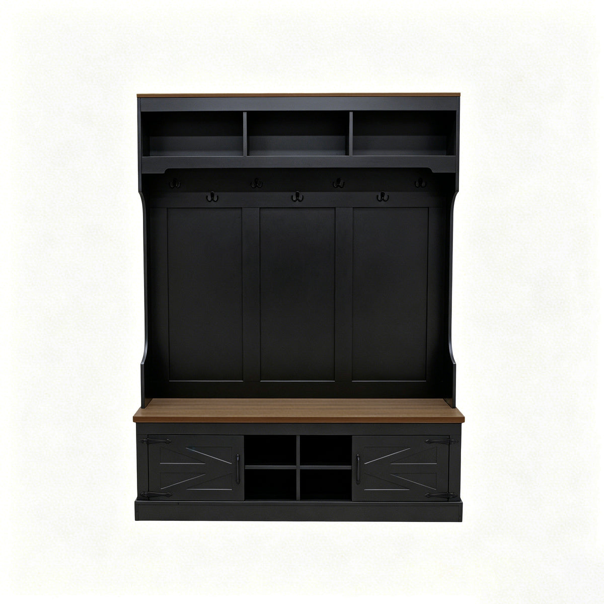 Black Hall Tree with Bench and Shoe Storage, 54.3 in Wide