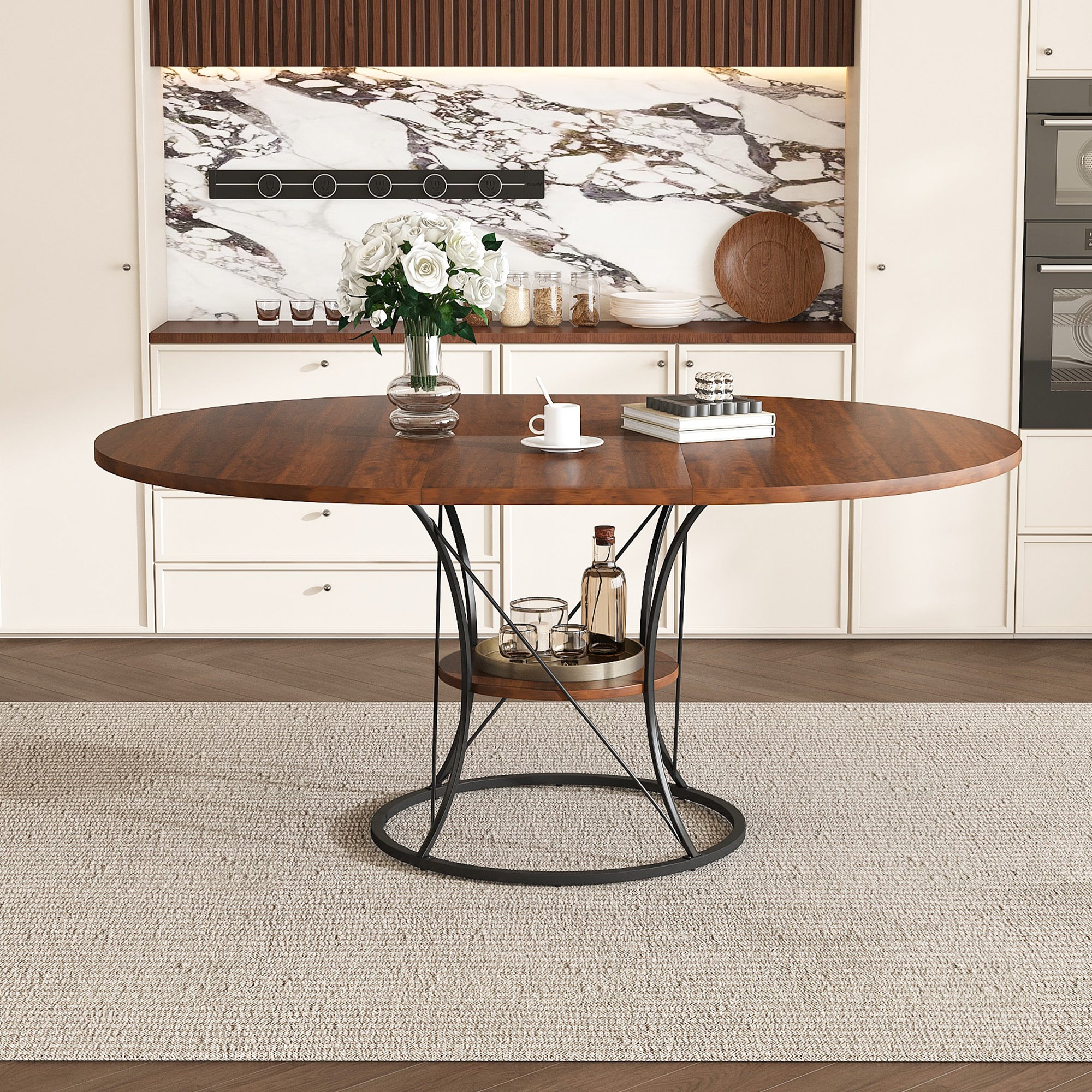 Close-up of the walnut oval tabletop with a rose vase and coffee cup