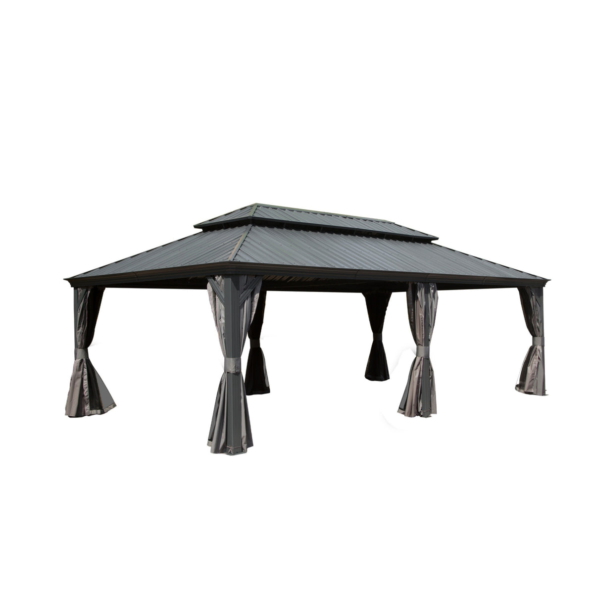 14x22 ft Gray Aluminum Double Roof Hardtop Gazebo with Netting and Curtains