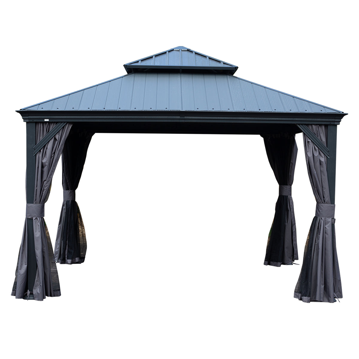 12x12 ft Dark Gray Metal Hardtop Gazebo with Netting and Curtains