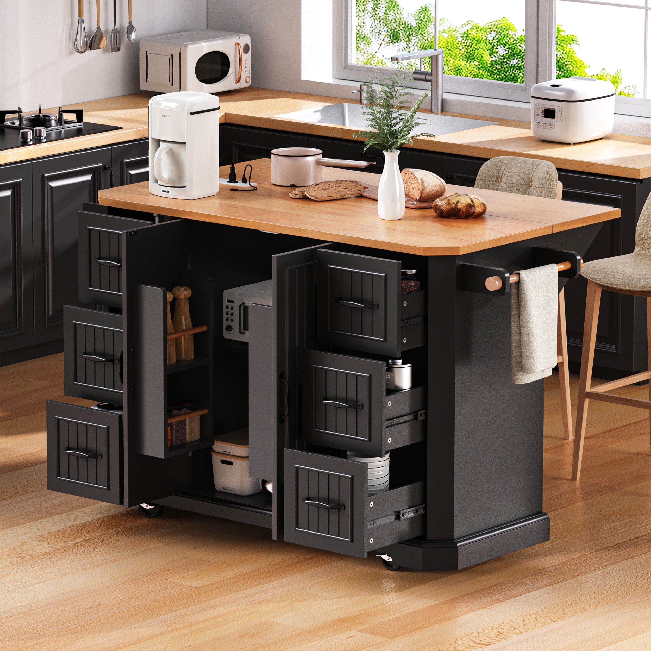Kitchen Island with 6 Drawers, Black, Drop-Leaf Rolling Cart, 56in