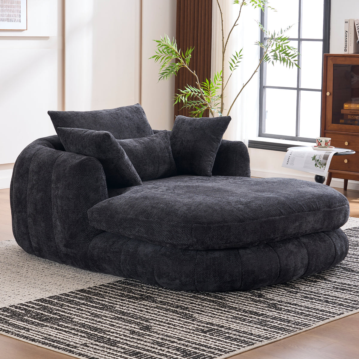 Black Chenille Chaise Lounge Chair