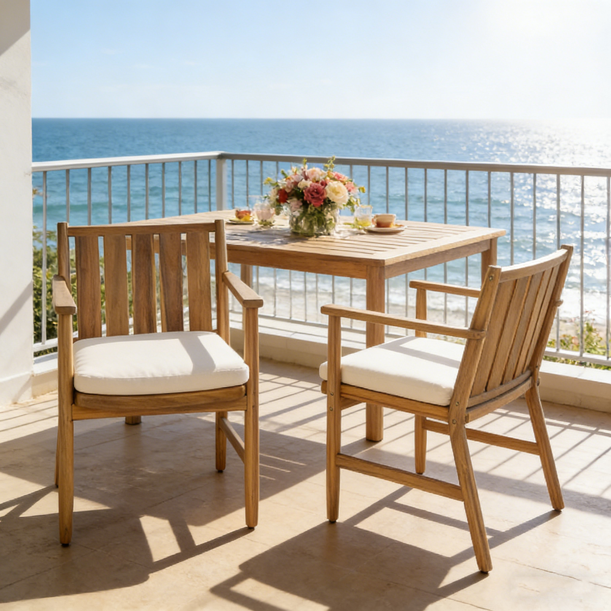 Teak Finish Solid Wood Outdoor Dining Chair, Set of 2, 31.5 in Tall