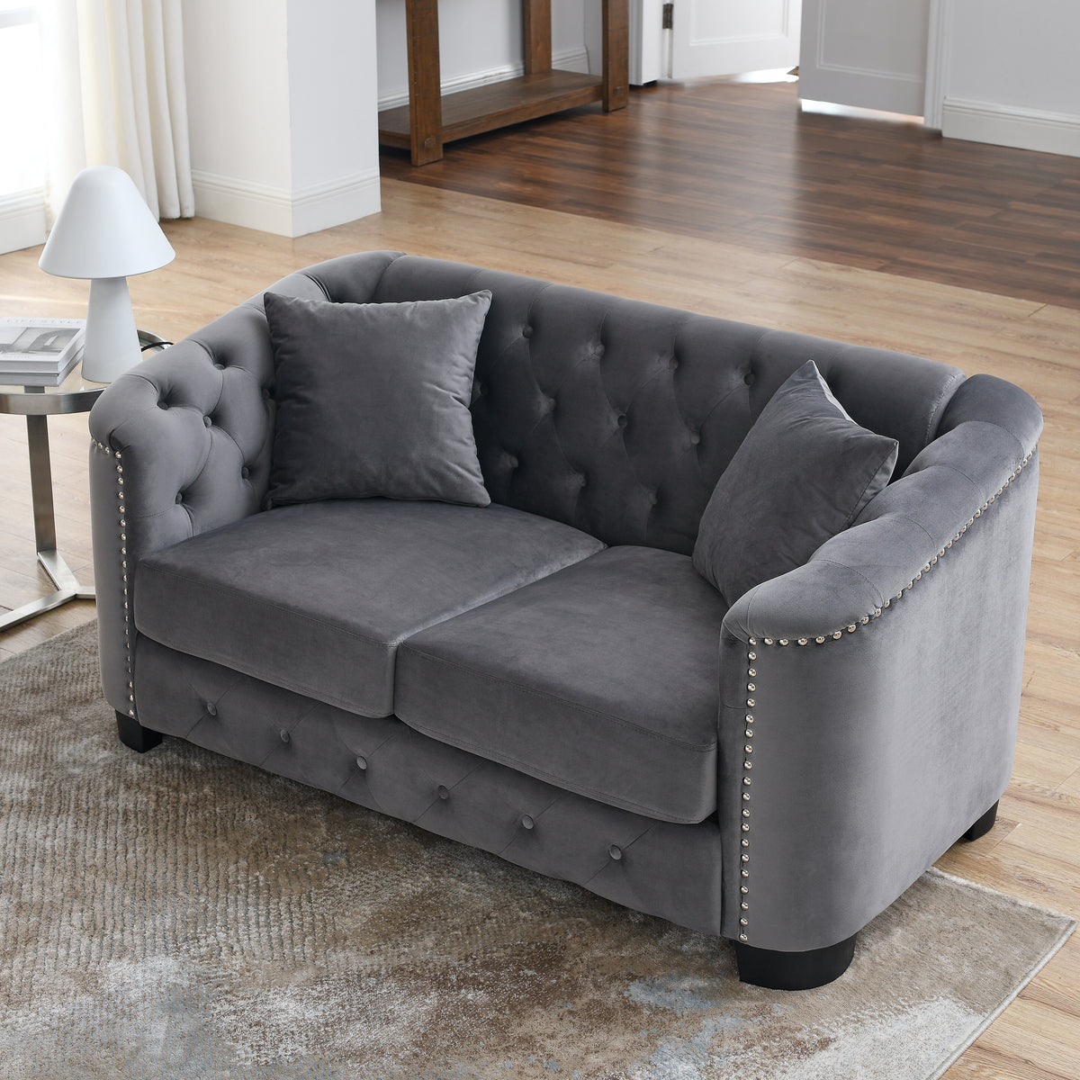 Gray Velvet 2-Seat Chesterfield Sofa, 59 in Wide