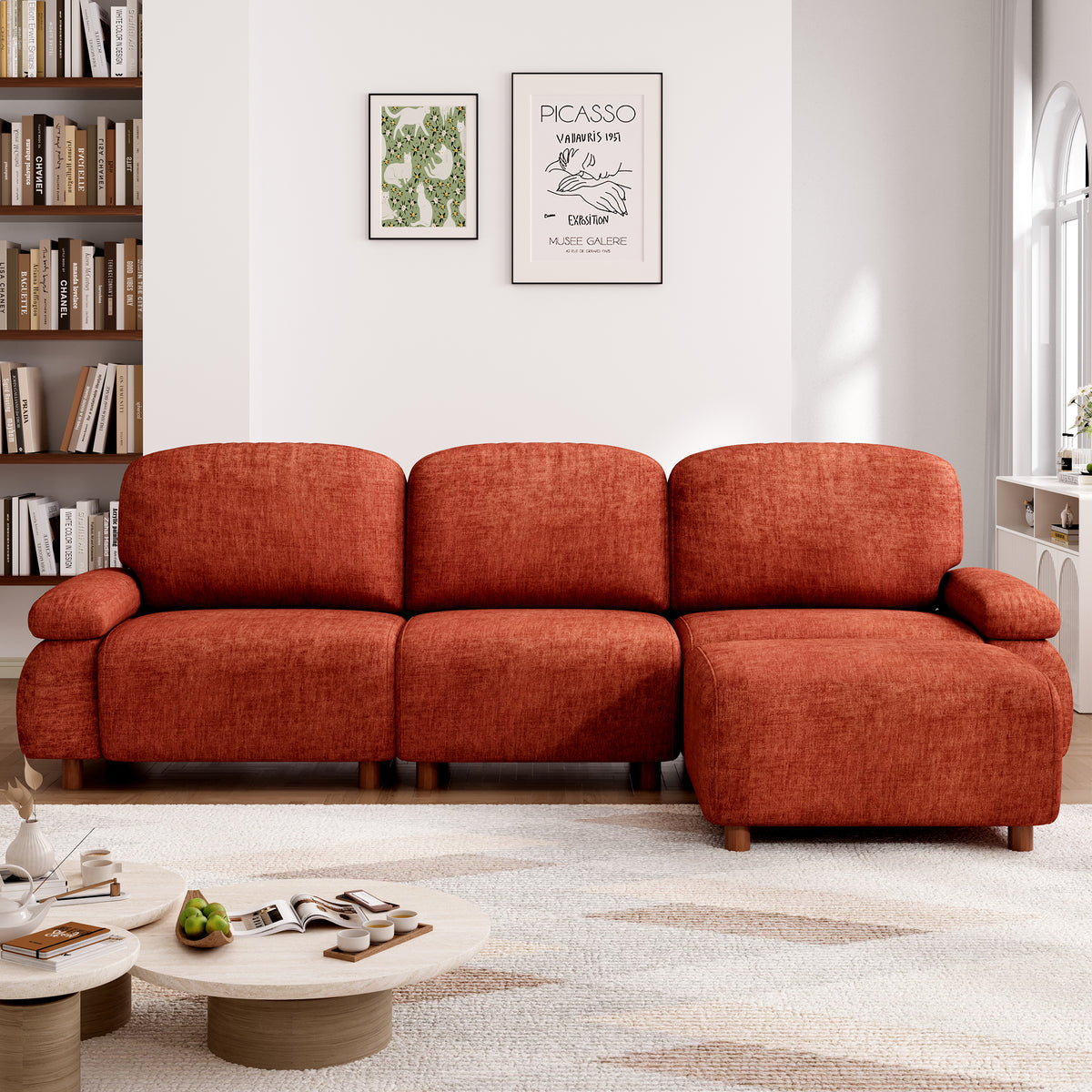Orange Chenille L-Shaped Modular Sectional with Ottoman, 111 in Wide