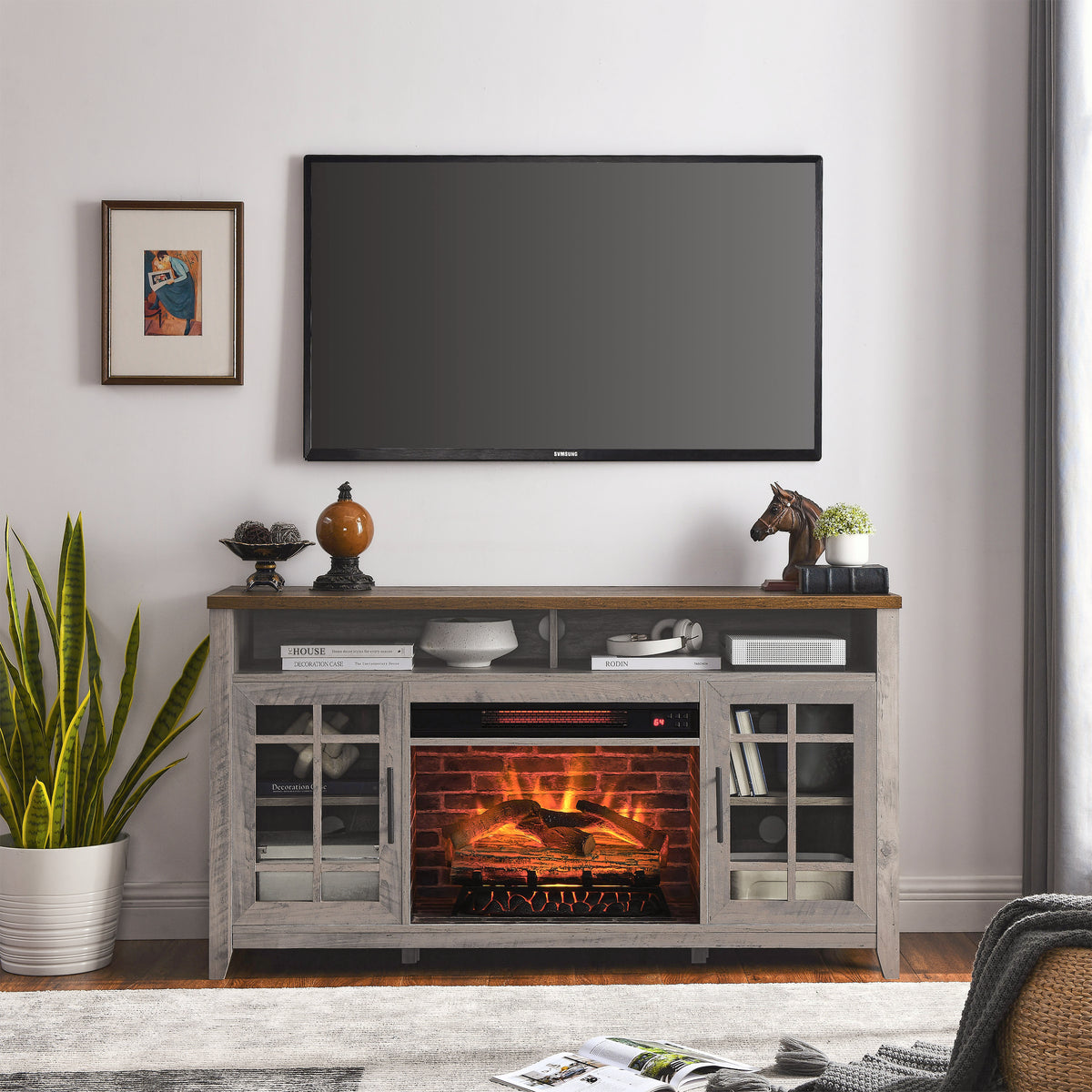 Gray Fireplace TV Stand, 55 in Wide