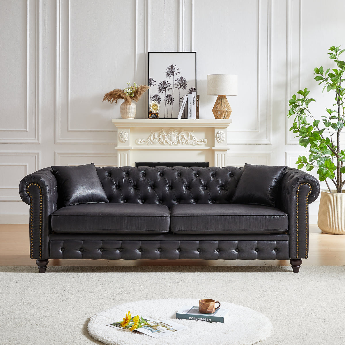 Black 3-Seat Chesterfield Sofa, 85.5 in Wide
