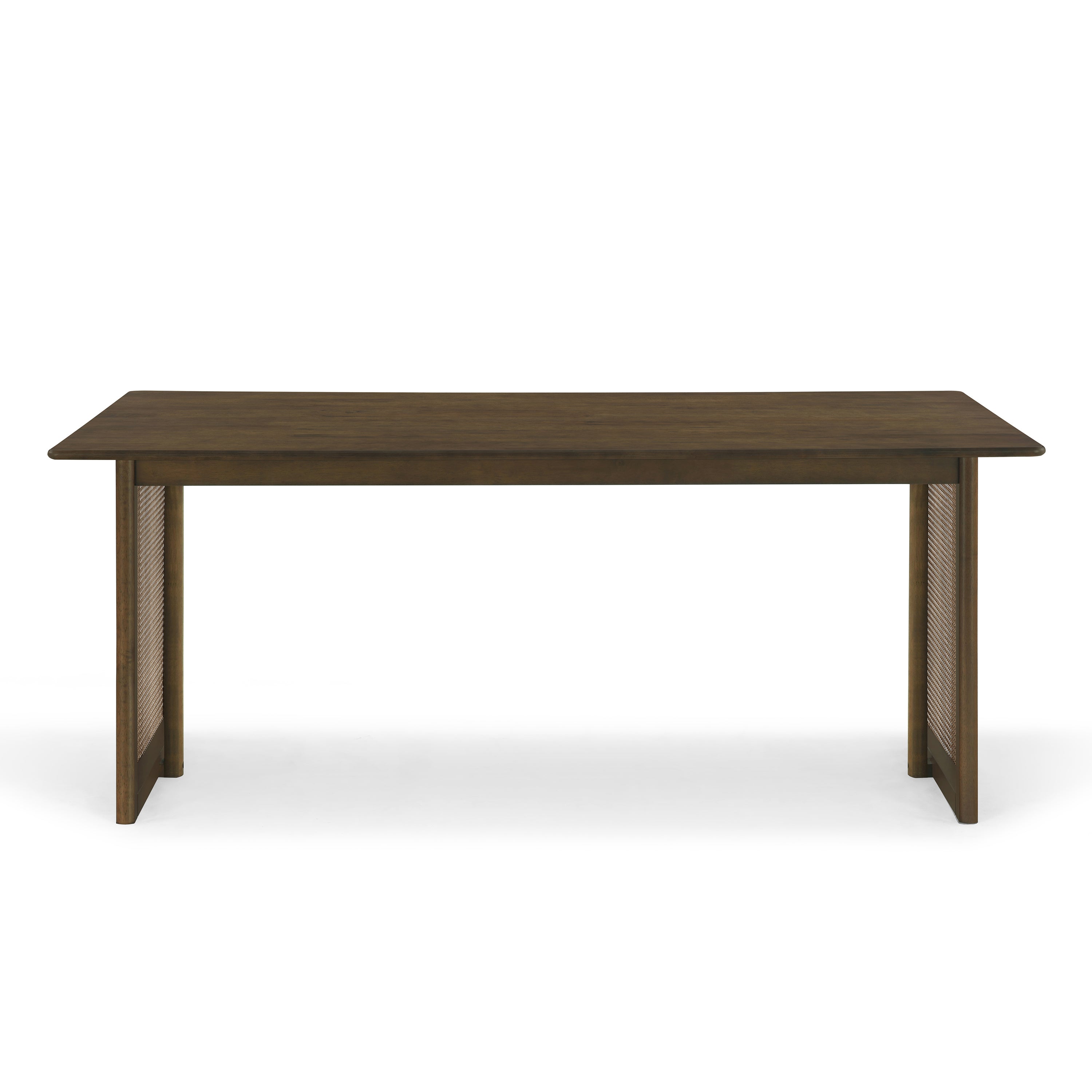 Front elevation of the walnut rubberwood dining table with woven cane panel legs, white background