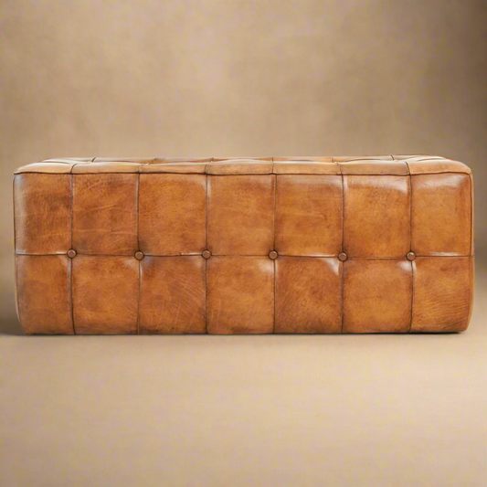 Genuine Leather Bench – Tan Brown with Solid Wood Frame