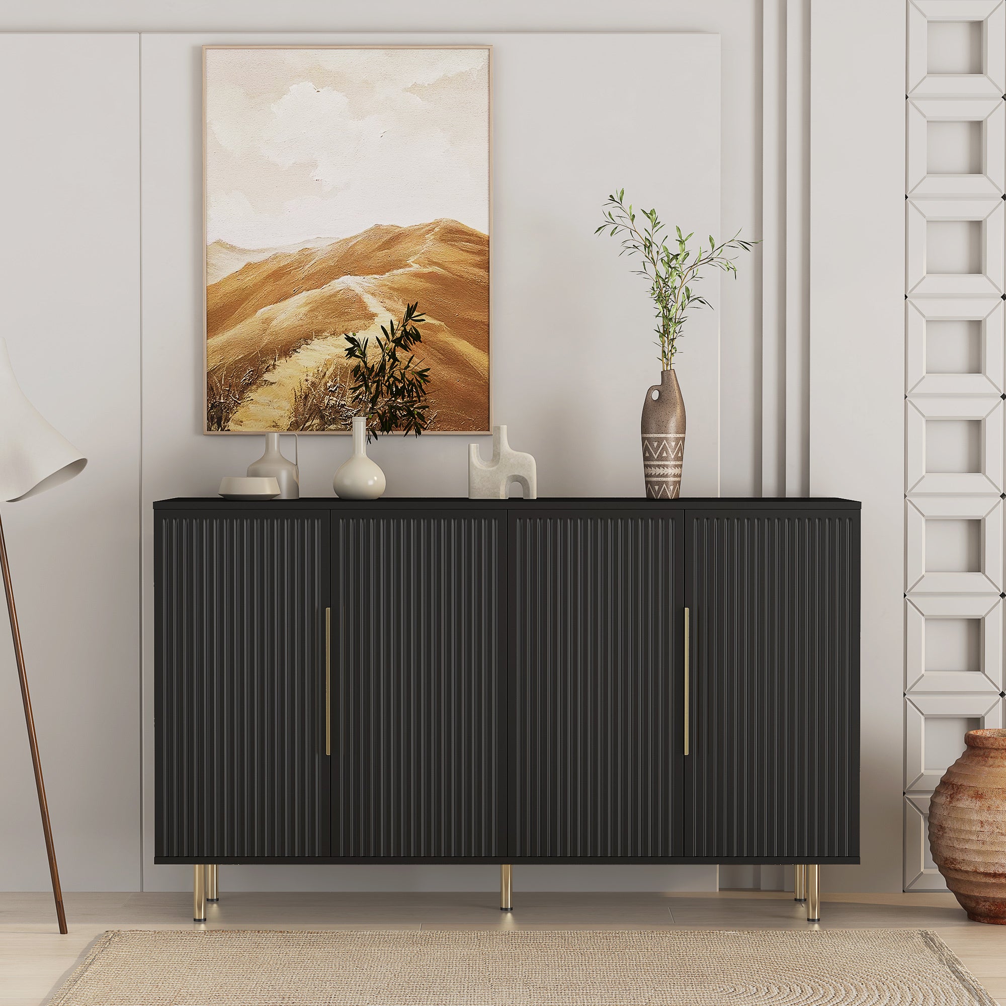 Fluted Black Sideboard Buffet, 57'' 4-Door Modern Credenza