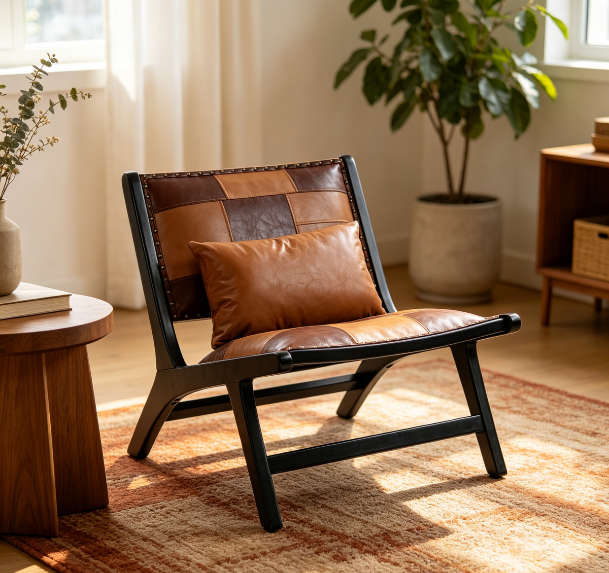 Brown Vegan Leather Accent Chair, Mid-Century