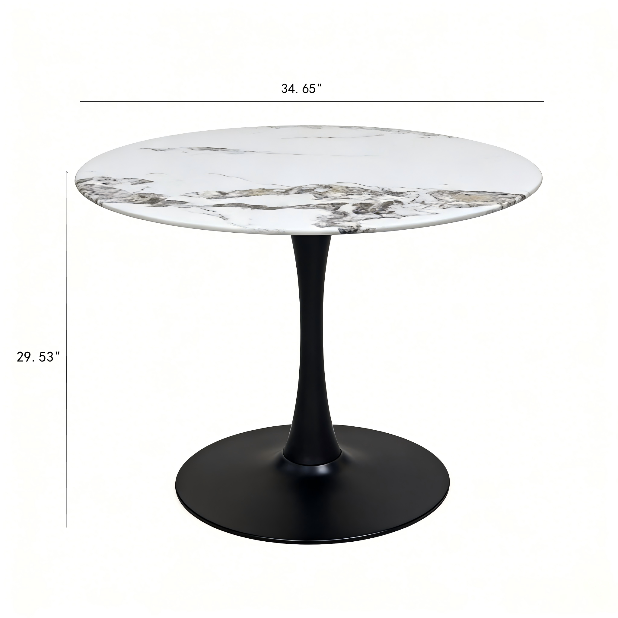 Dimension diagram of the faux marble tulip table showing 34.65in top and 29.53in height