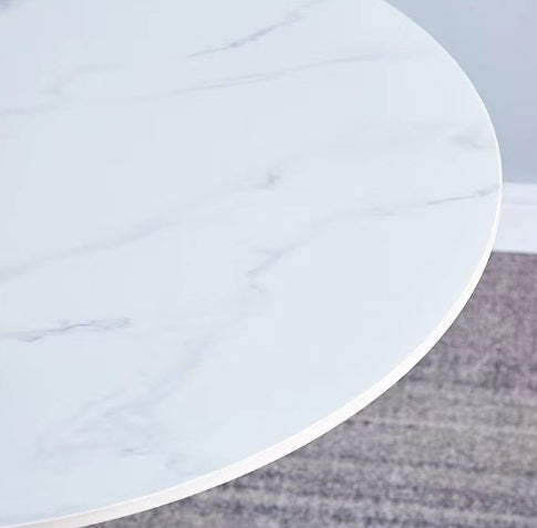 Close-up of the white faux marble tabletop edge and banding