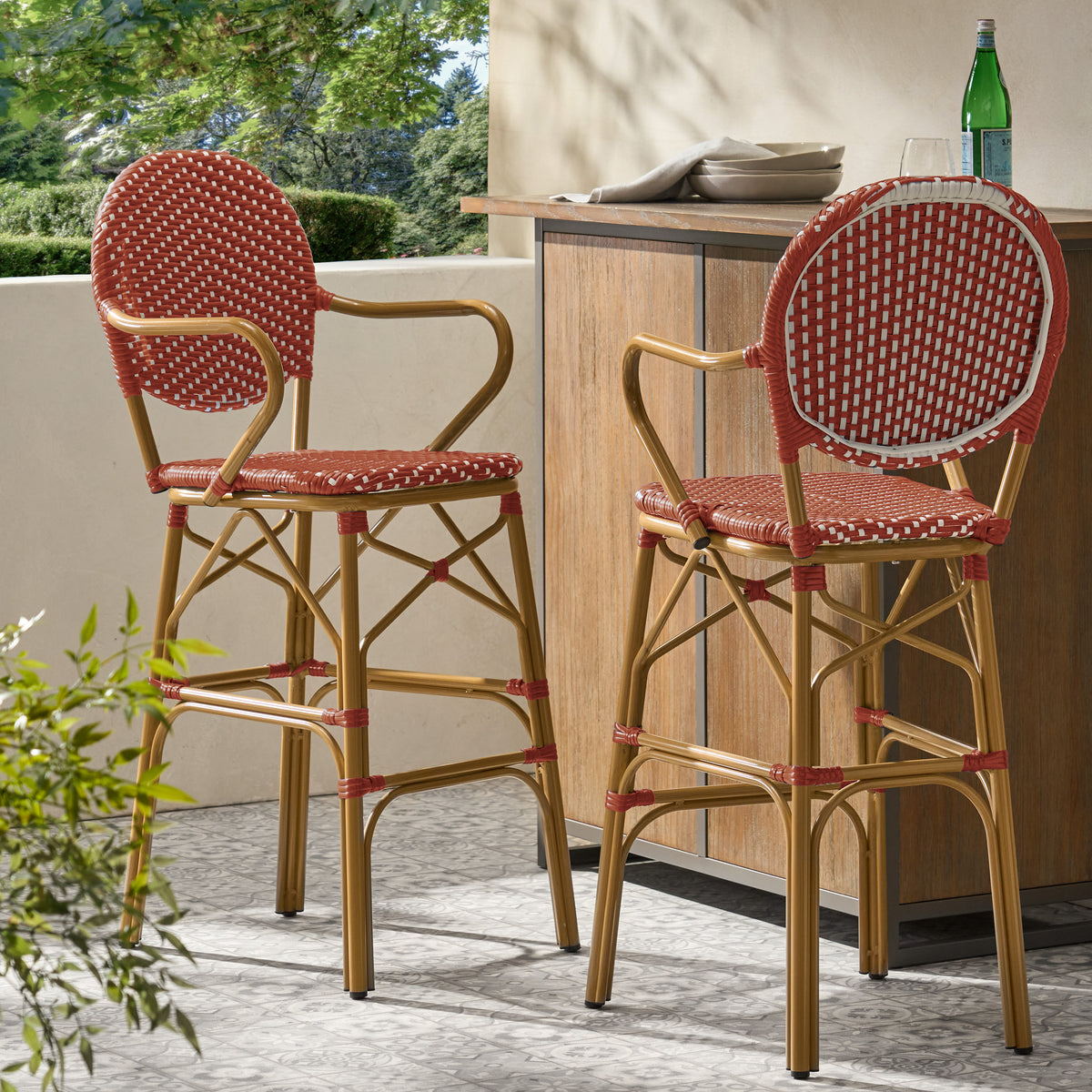 Red Wicker Outdoor Bar Stool, Set of 2