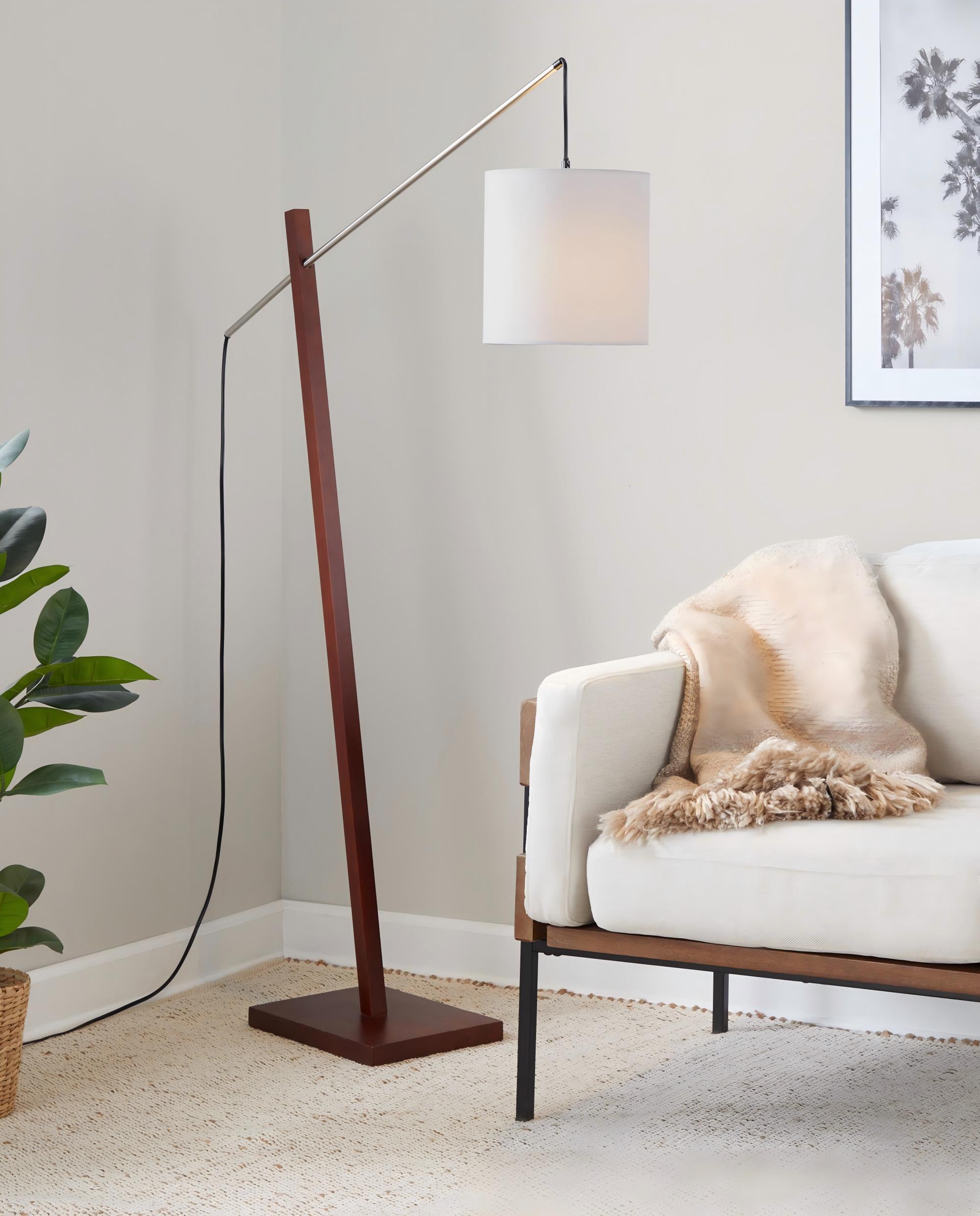 Contemporary Floor Lamp with White Fabric Shade in Walnut Wood
