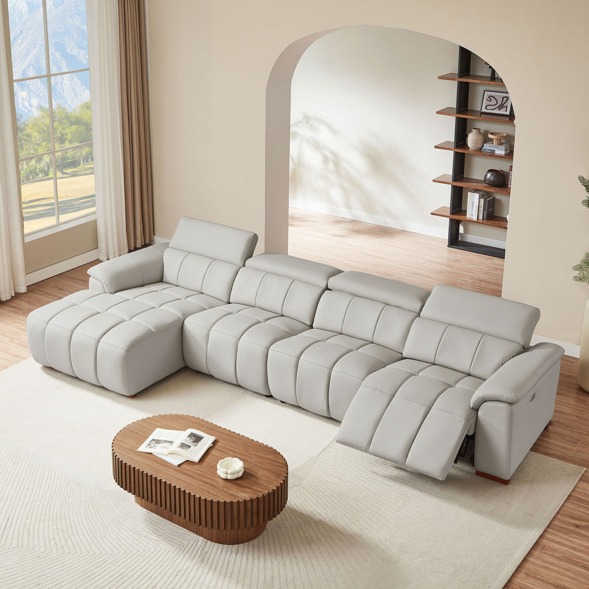 Gray Genuine Leather Power L-Shaped Reclining Sectional, Left-Facing