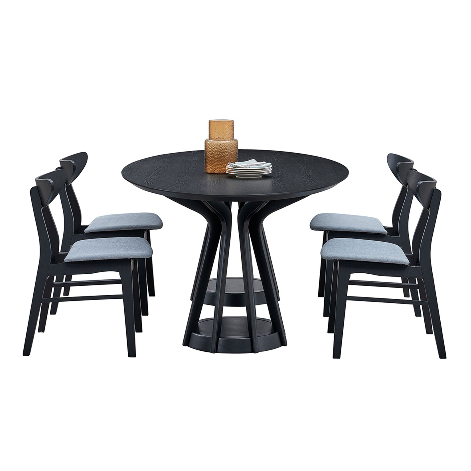 Round black pedestal table version with four black chairs and gray seats on white