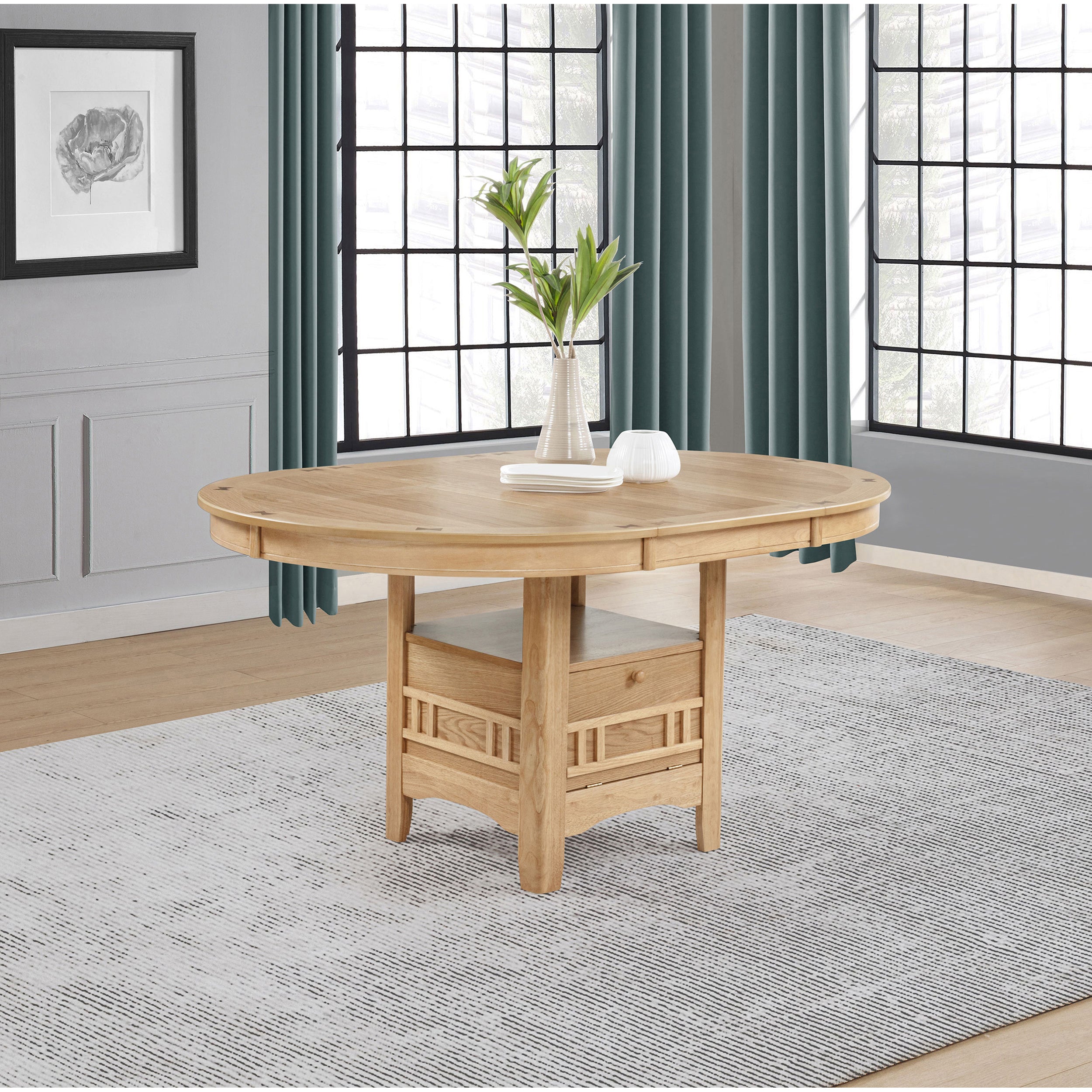 Light oak oval extension dining table with storage pedestal, styled in a room with blue curtains