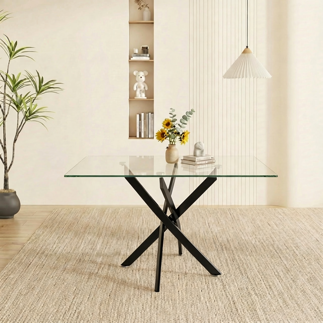 Rectangular glass dining table with black crossed legs in a minimalist room with sunflowers and a pendant light