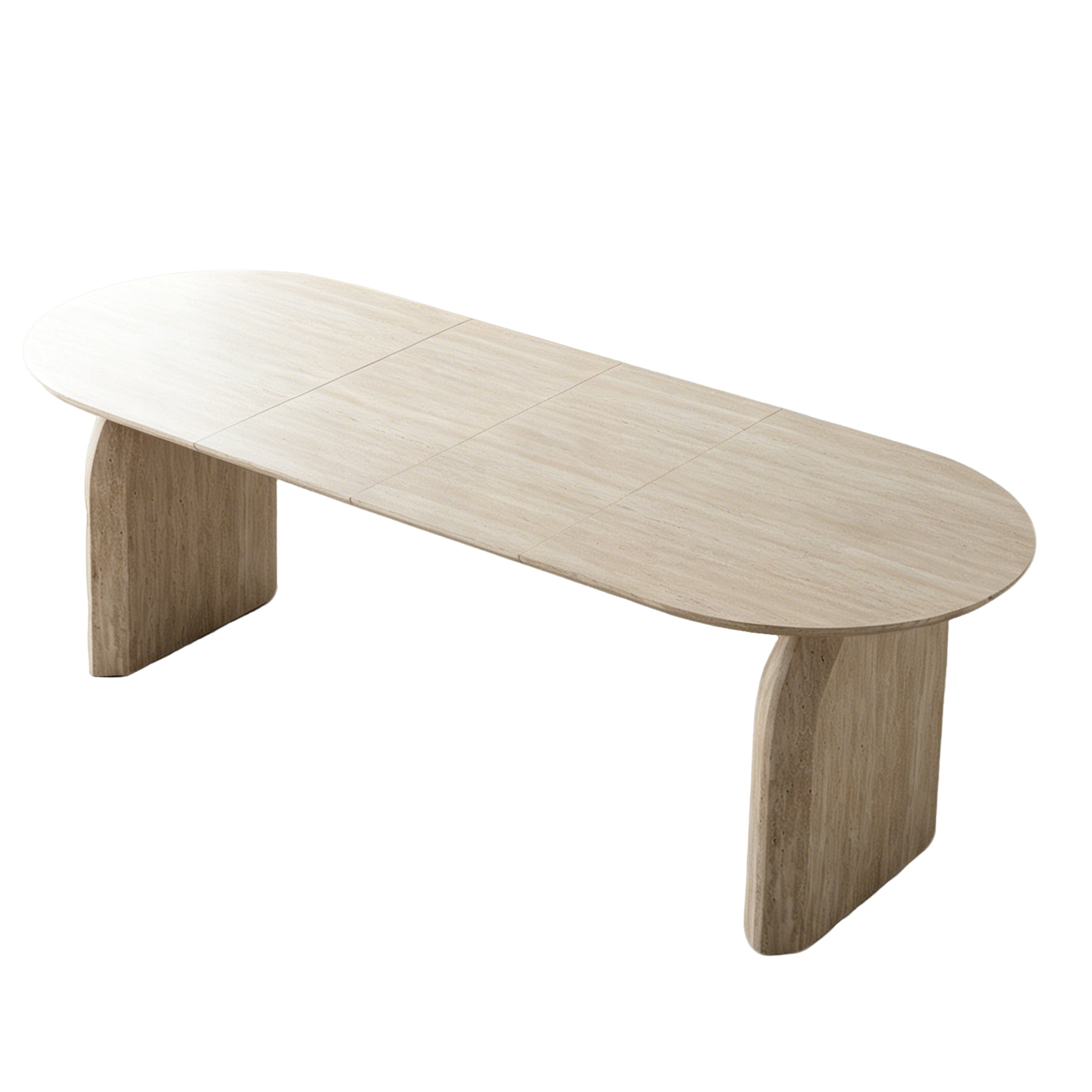 Three-quarter studio view of the closed off-white oval extendable dining table