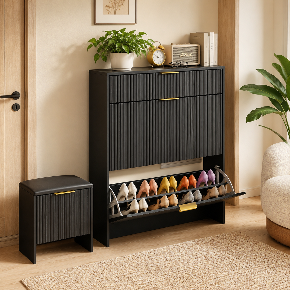 Black Shoe Cabinet, 48.8 in Wide