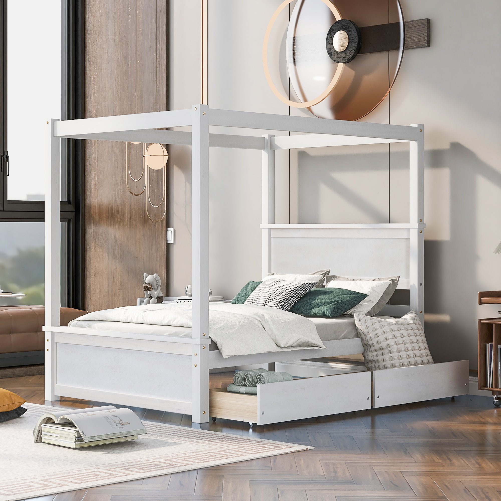 Full Size Canopy Bed with 2 Storage Drawers, Brushed White