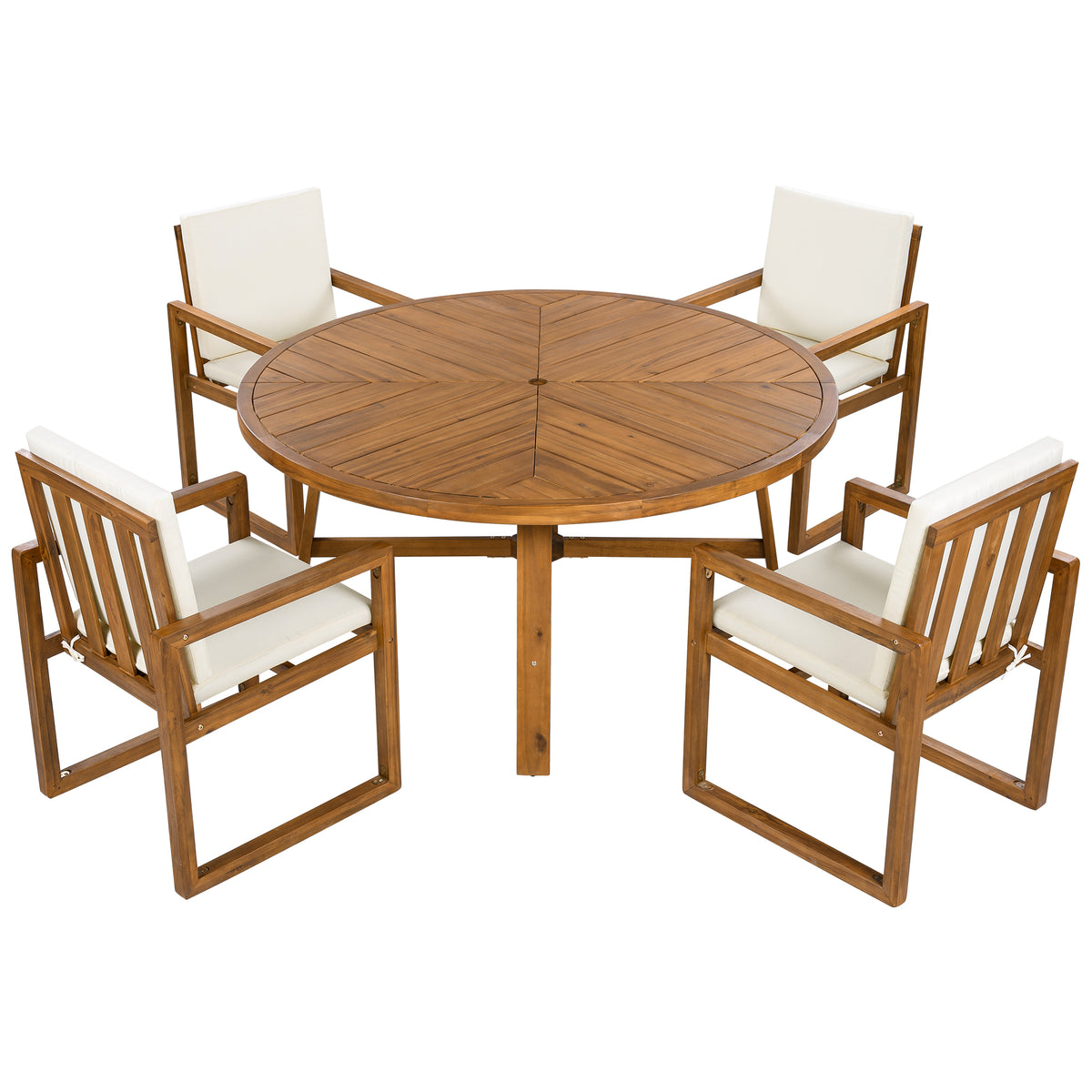Beige Solid Wood 5-Piece Patio Dining Set for 4 with Cushions