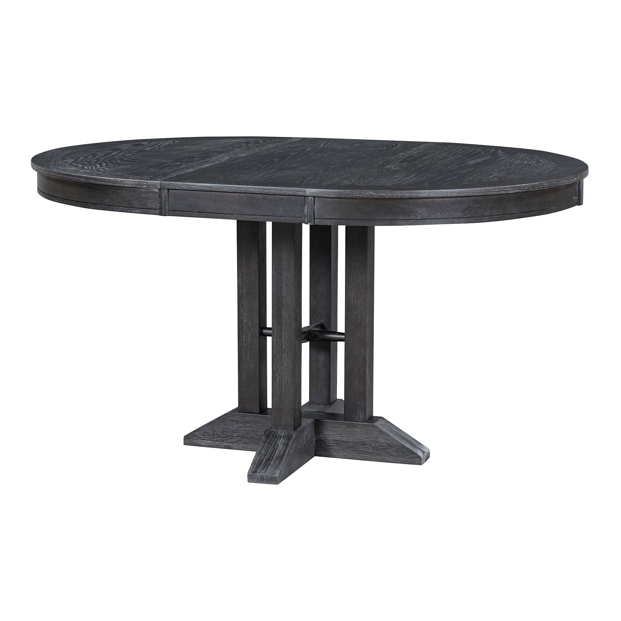 Black round extendable dining table extended to an oval, three-quarter view on white studio background