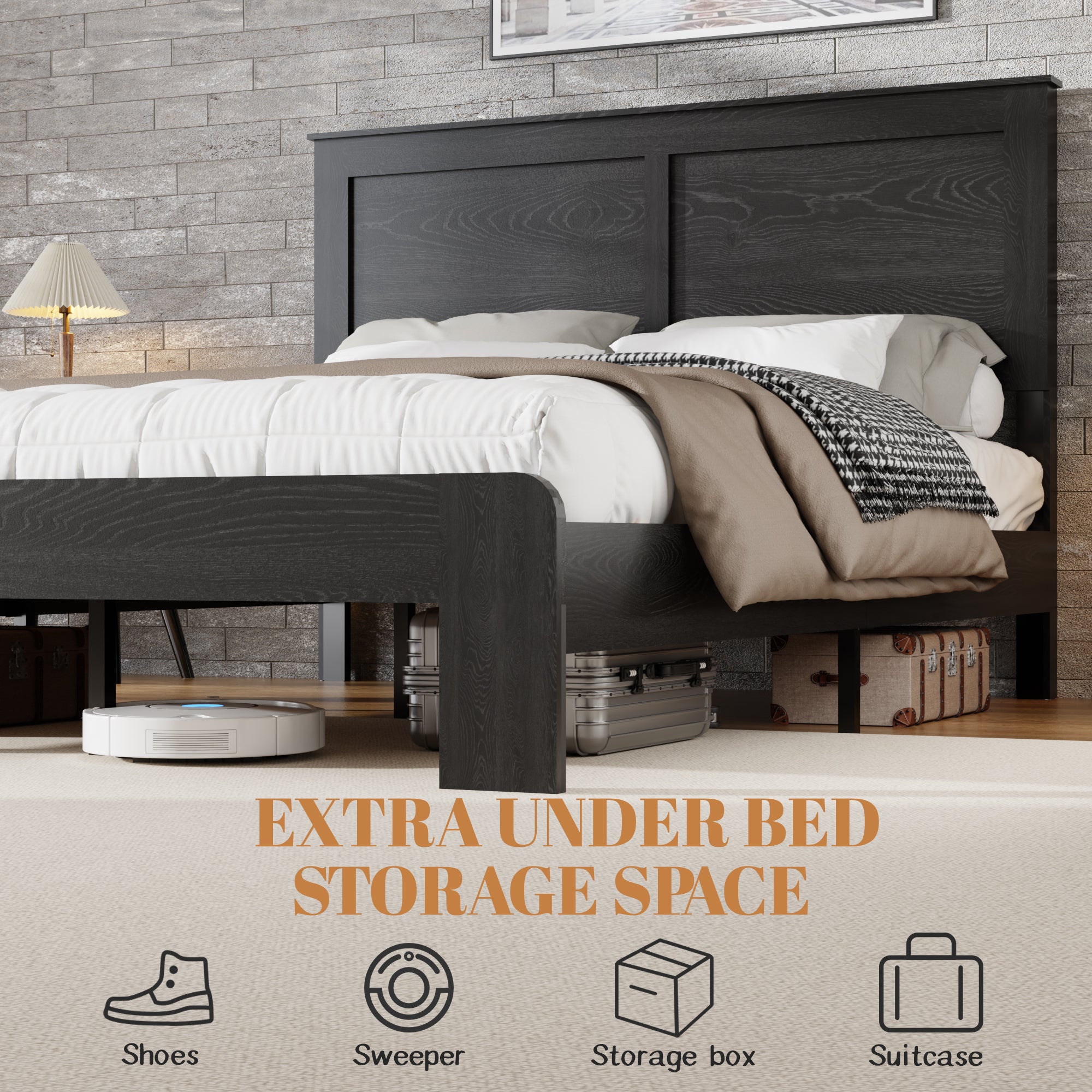 Under-bed storage graphic for the queen metal bed frame showing space for shoes, a vacuum, a box and a suitcase