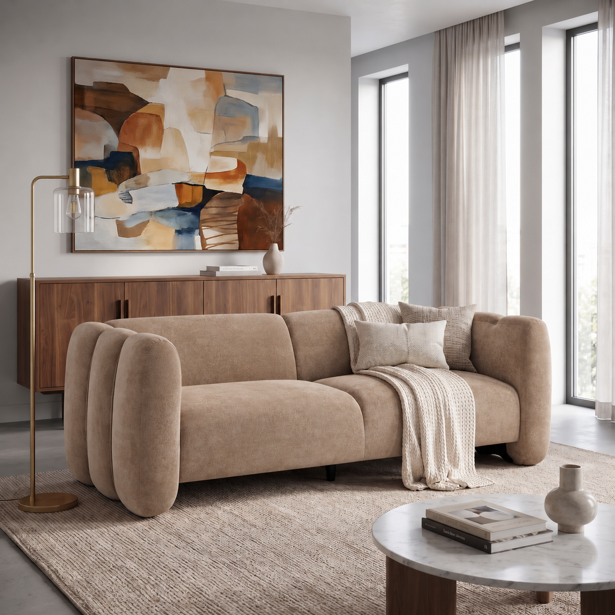 Camel Velvet 3-Seat Couch, 83 in Wide