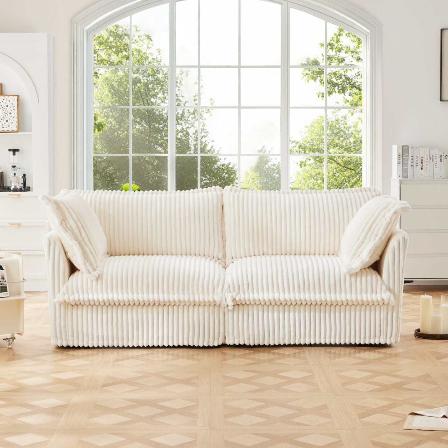 Fluffy 2-Seat Corduroy Modular Sofa – Cream, Washable