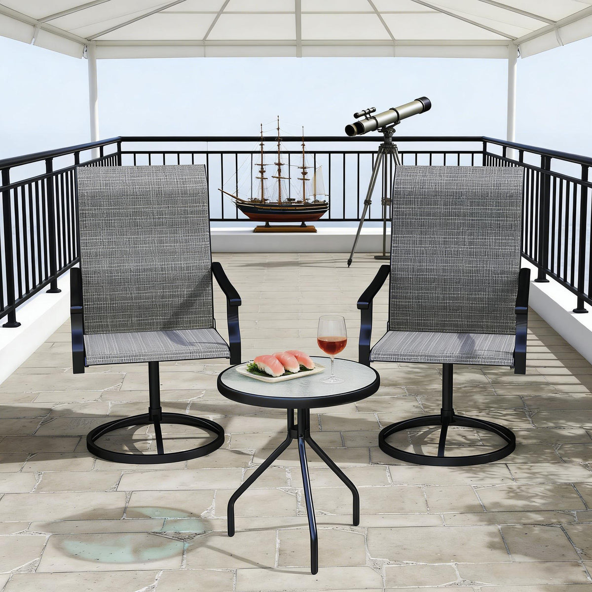 Metal Outdoor Swivel Chair, Set of 2, 42.5 in Tall, Black and Gray