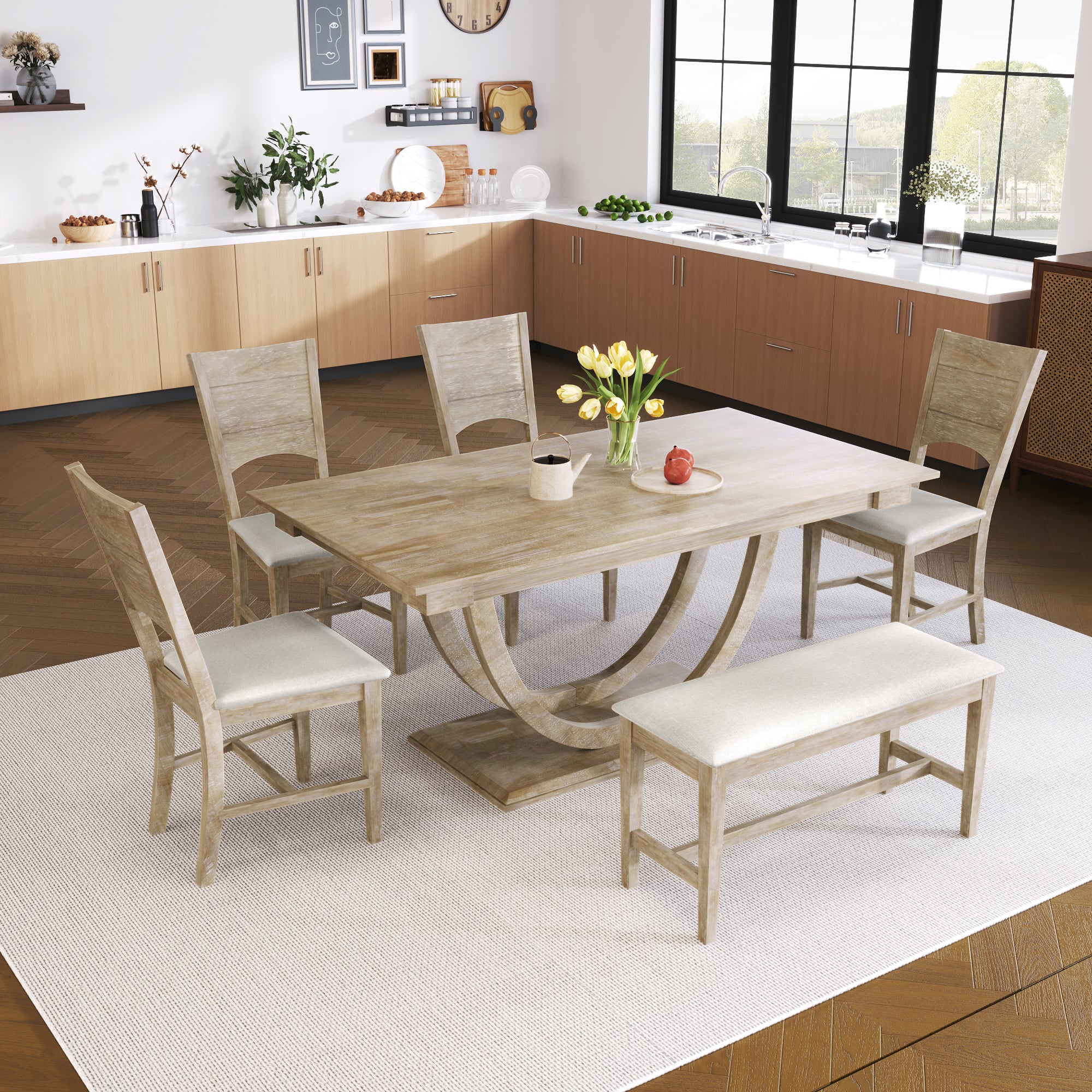6-Piece Dining Set for 6, Rubberwood Table, 4 Linen Chairs and Bench
