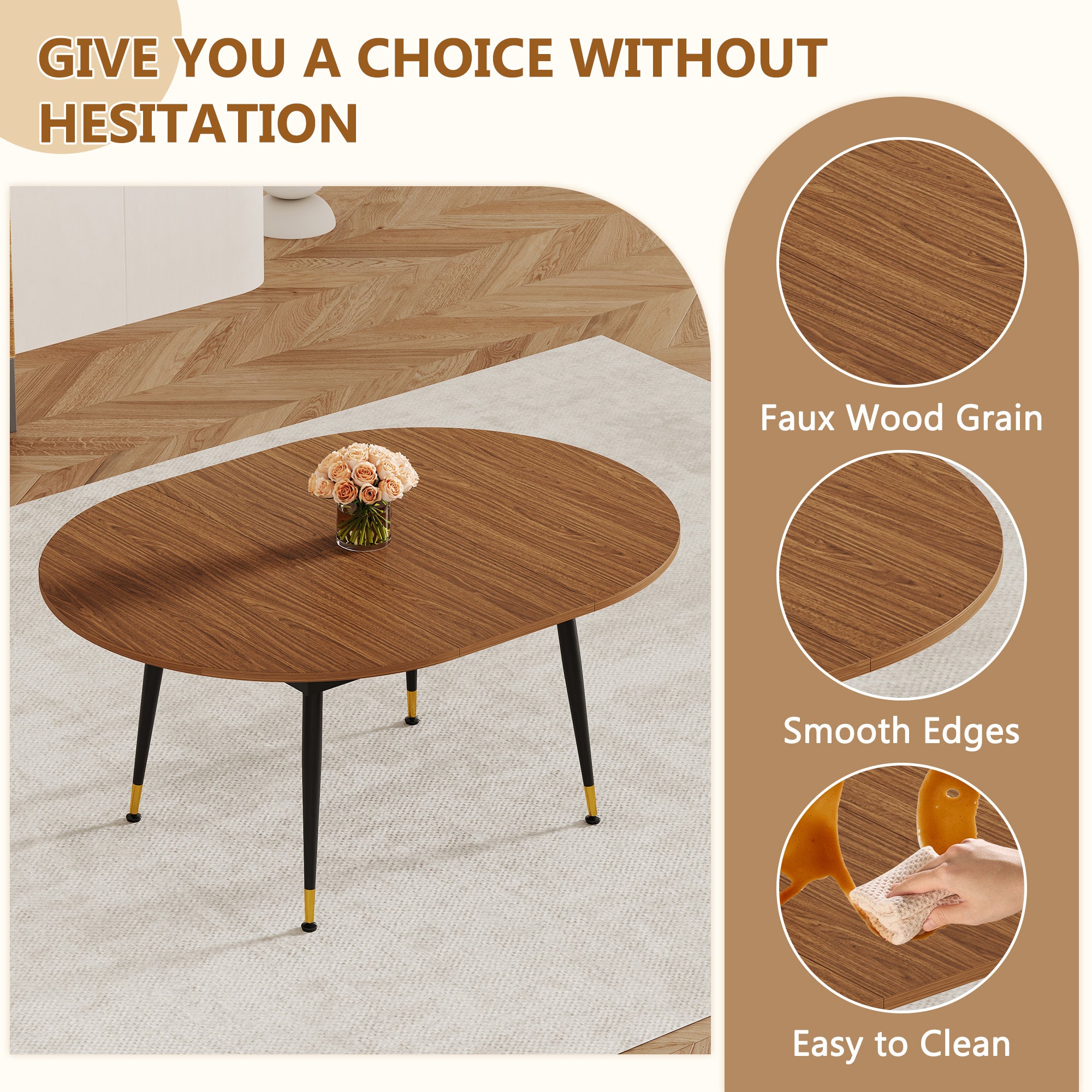 Feature graphic highlighting faux wood grain top, smooth edges and easy cleaning