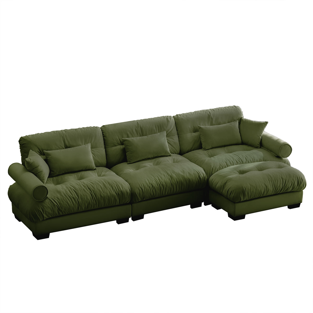 Olive Green Velvet Modular Sectional Couch with Ottoman, 3-Seat