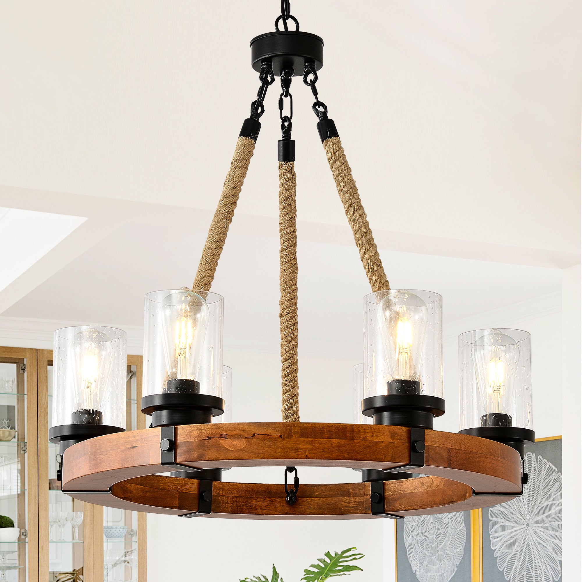 6-Light Wagon Wheel Chandelier, Wood and Metal Farmhouse, Matte Black