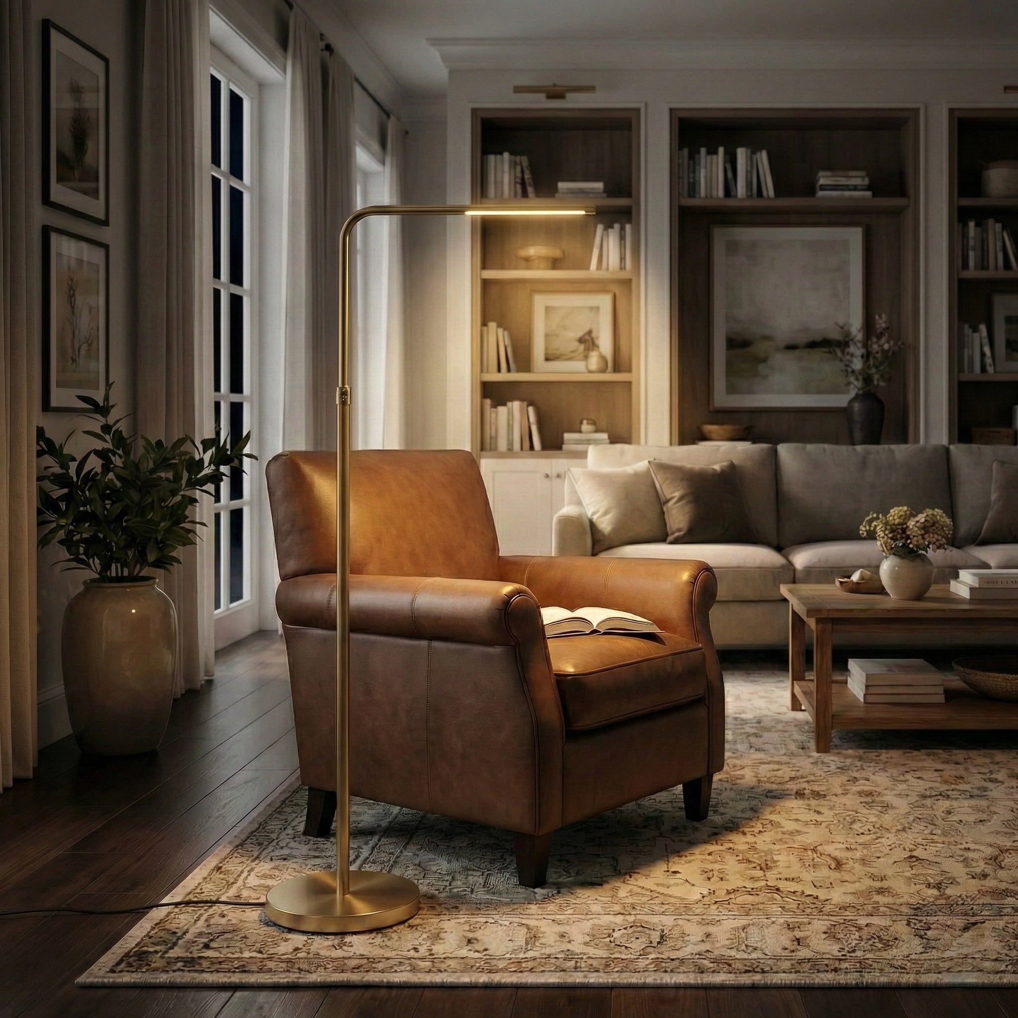 Floor Lamp, Adjustable Arm with Round Base, Gold