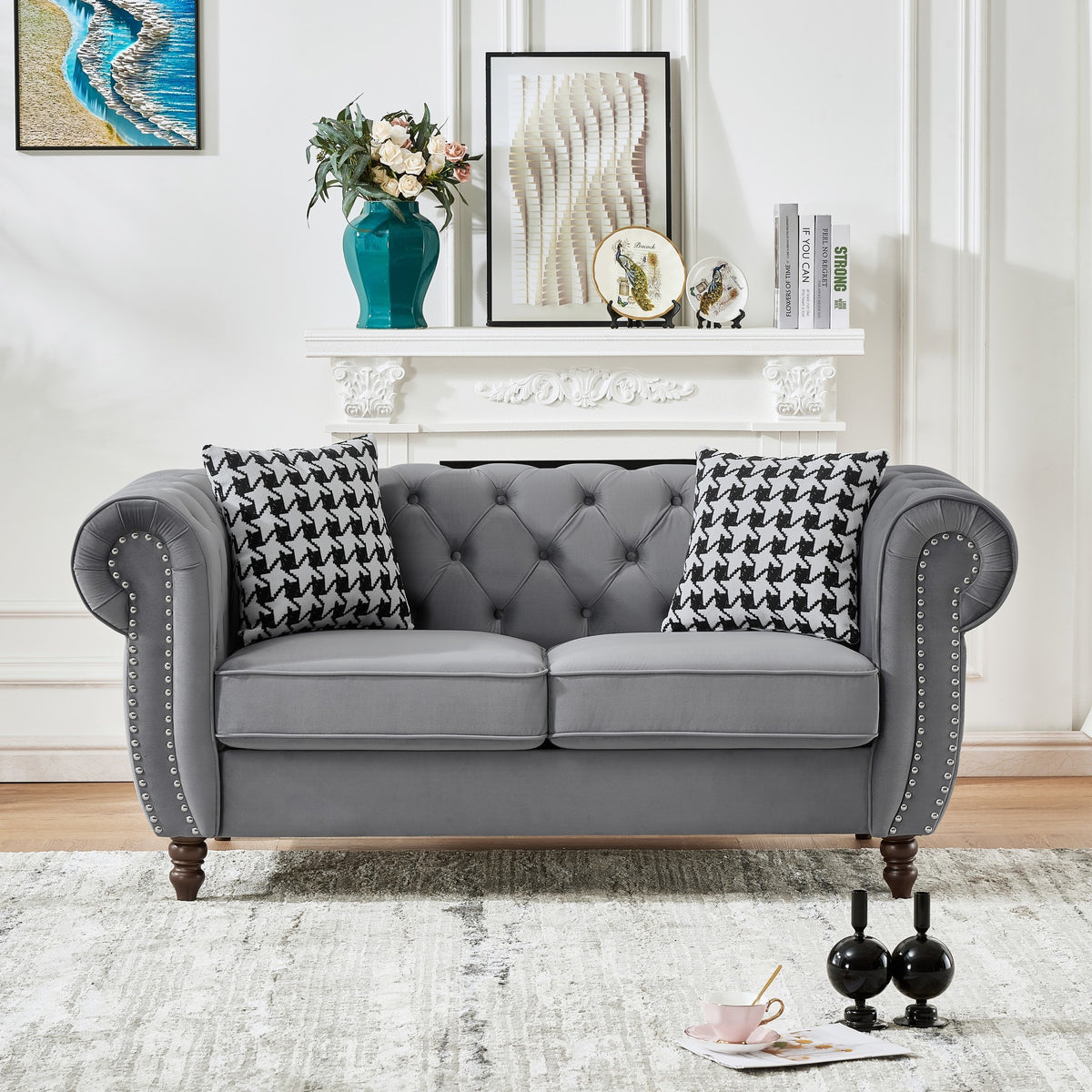 Gray Velvet 2-Seat Chesterfield Sofa, 65 in Wide