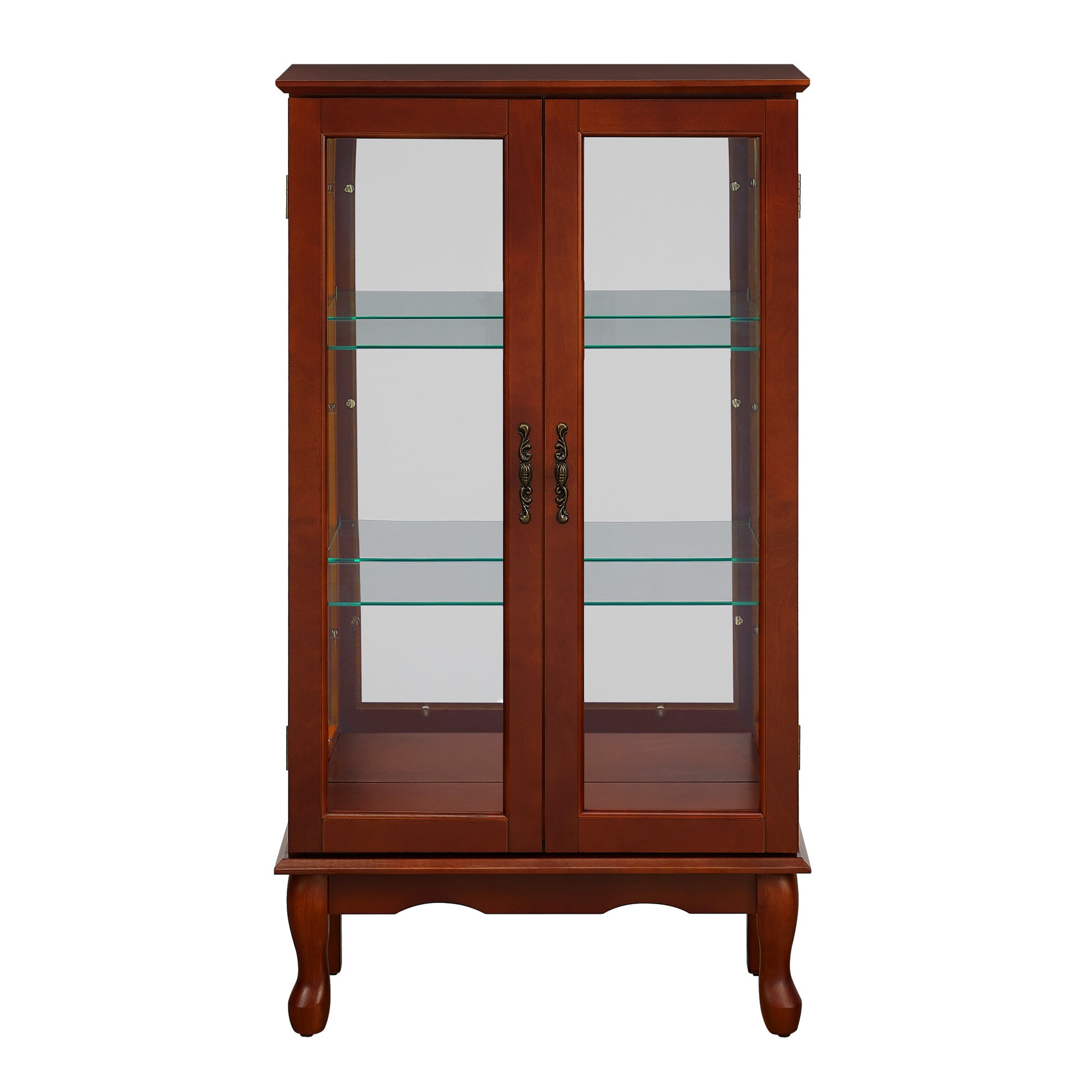 Lighted Curio Cabinet, Cherry, 3-Tier with Glass Doors & Mirror Back