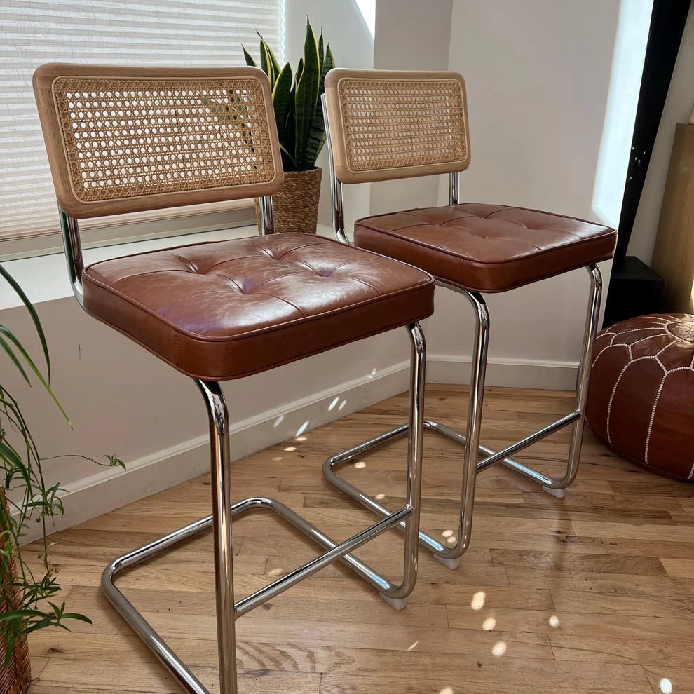 counter height bar stools for 36 inch kitchen counter with a 26 inch seat in brown vegan leather with solid wood backrests and rattan accents