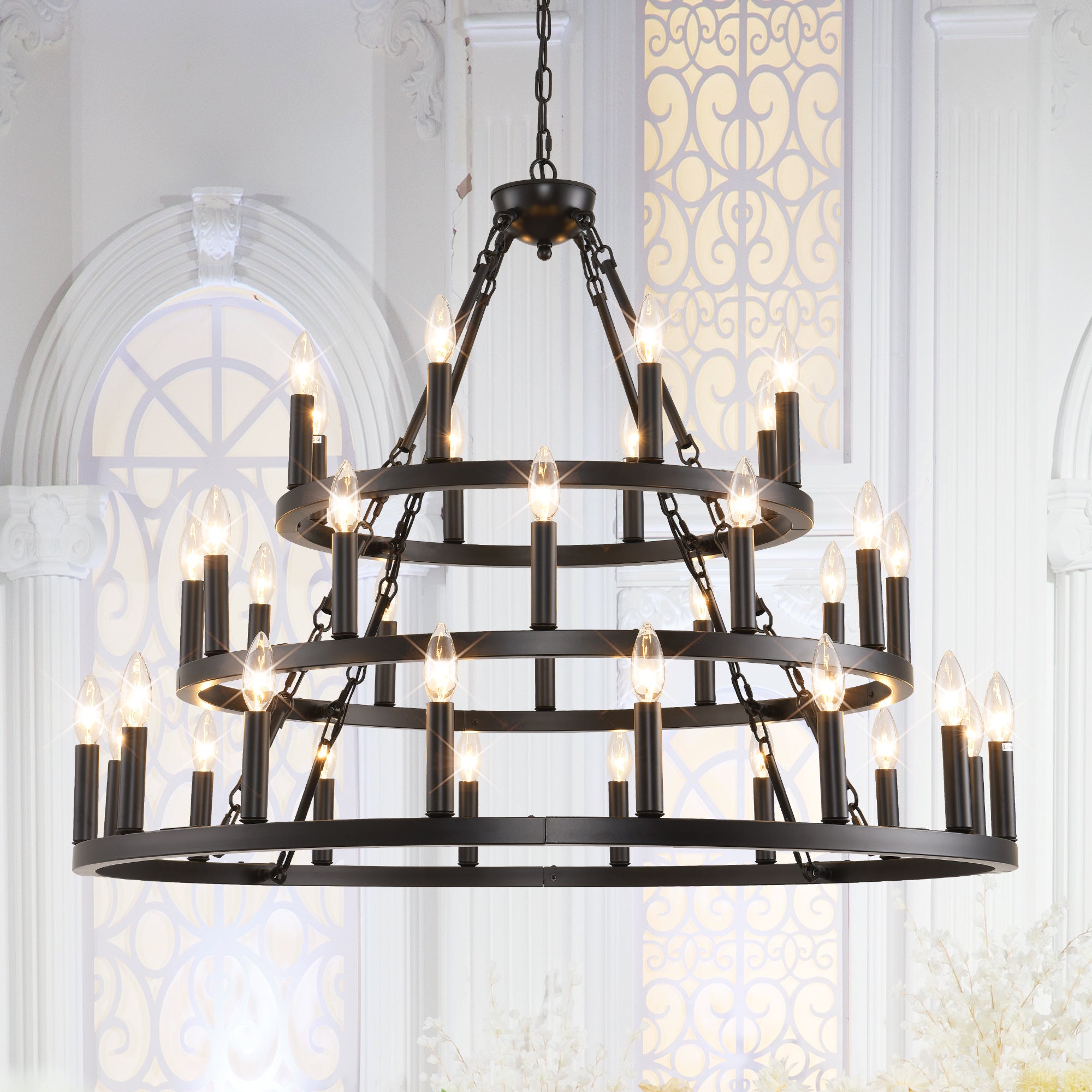 54-Light 3-Tier Wagon Wheel Chandelier, Farmhouse Iron, Matte Black