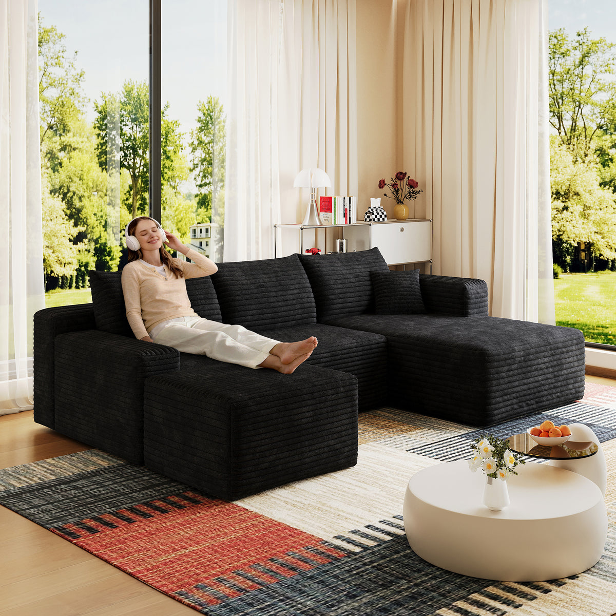 Black Corduroy L-Shaped Sectional with Ottoman, 95 in Wide